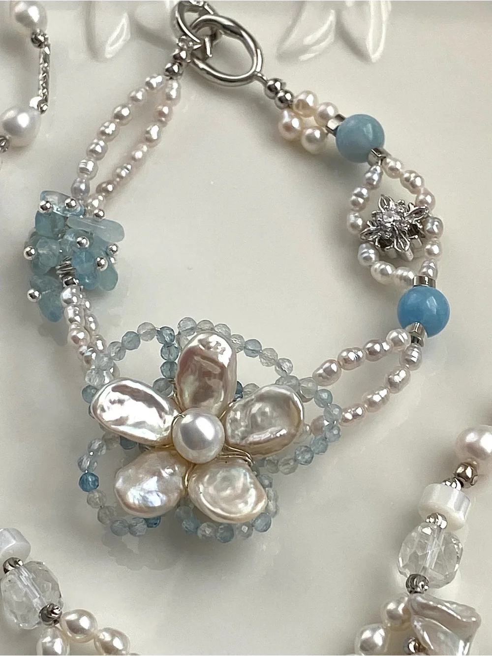 GP90-Handmade Aquamarine And Flower Petal Pearl Necklace And Bracelet Set
